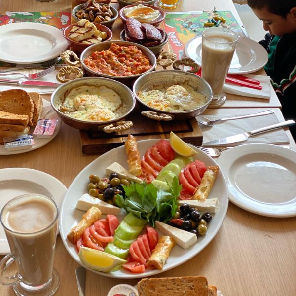 A buffet of Turkish brunch dishes